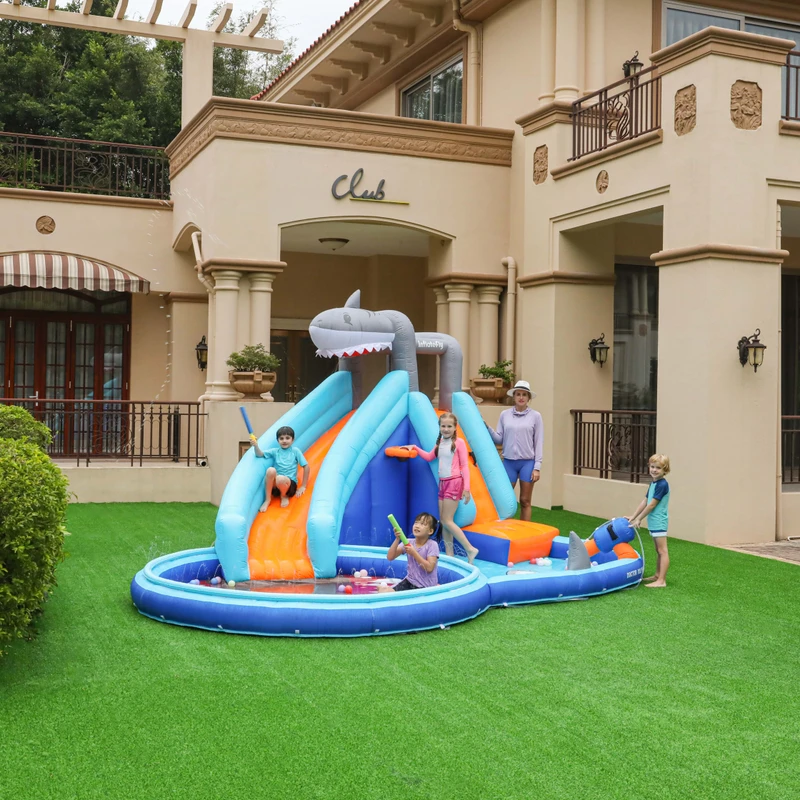 Shark Inflatable Castle Children’s Double Slide Water Playing Combination Bounce House Outdoor Party for Kids