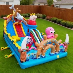 Shark Pirate Ship Inflatable Bounce Castle with Double Slides Ladder Combo 500kg Capacity for 20 60 Persons