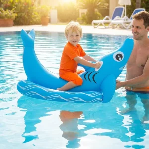 Shark Ride-On Pool Float Spraying Water Giant Inflatable Raft with Grab Handles Fun Summer Water Toy for Kids & Adults at Pool