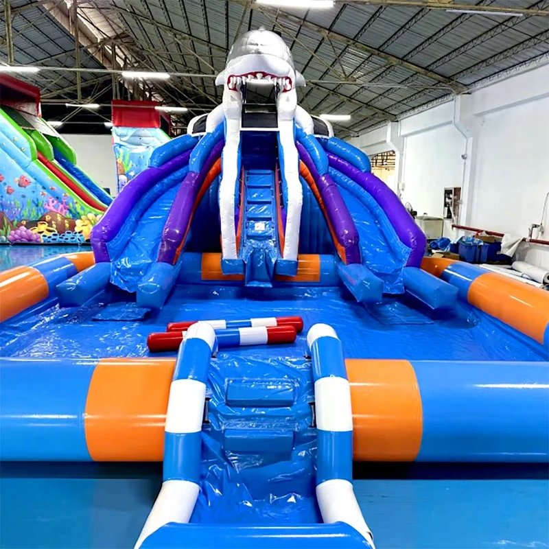 サメテーマ 厚さ PVC インフレータブルウォーターパーク プール スライド バウンシーキャッスル 子供用水プール