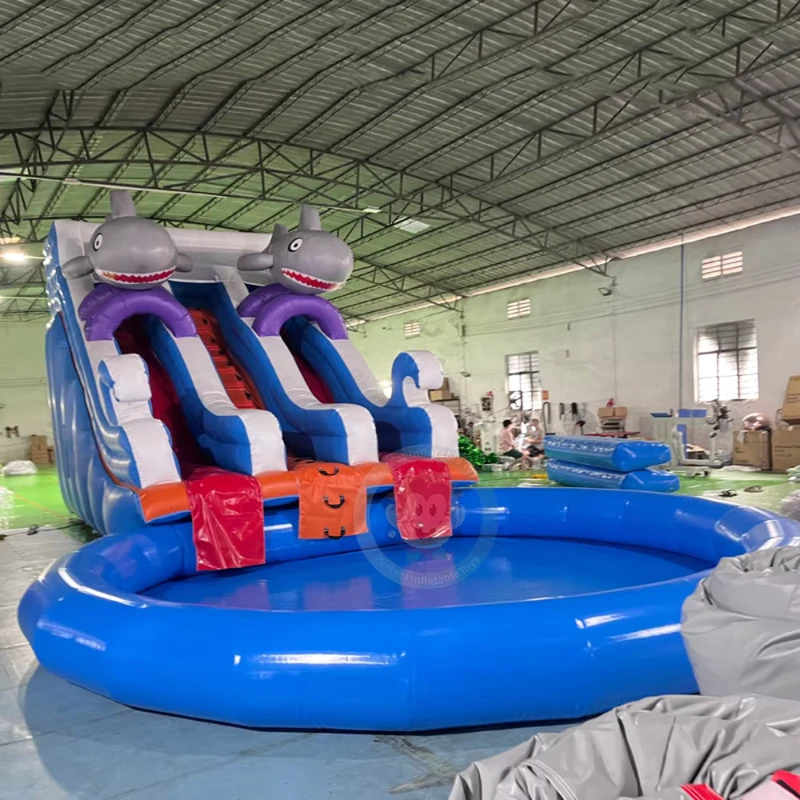 Seluncuran Air Inflatable Hiu dengan Kolam Seluncuran Air Inflatable Kelas Komersial