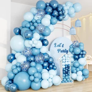 ชุดตกแต่งงานแต่งงานลูกชายสีฟ้า ชุดตกแต่งวันเกิดปีแรก ลูกโป่งพาร์ตี้และการ์แลนด์