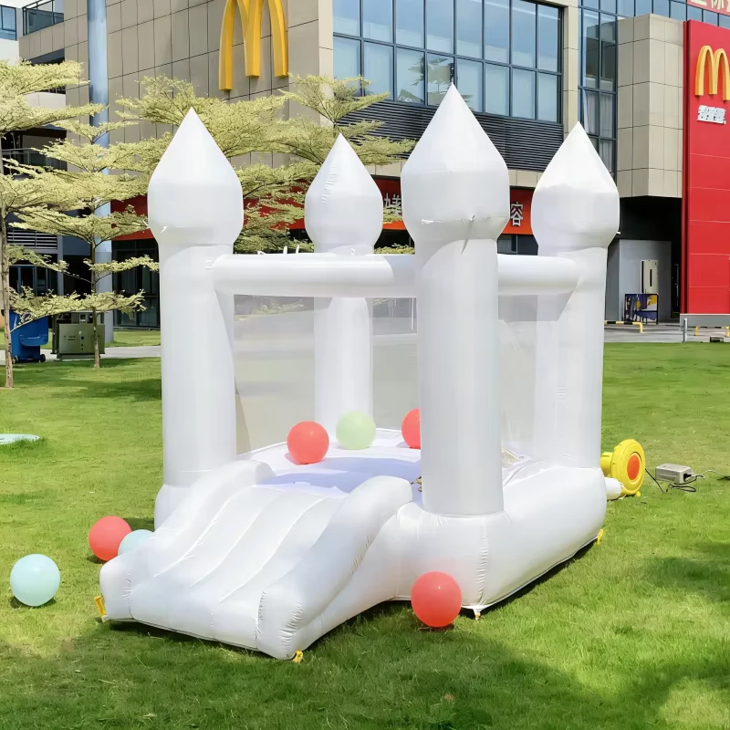Castillo Inflable Pequeño Todo Blanco, Combo de Casa de Rebote Blanca con Tobogán para Alquiler de Fiestas
