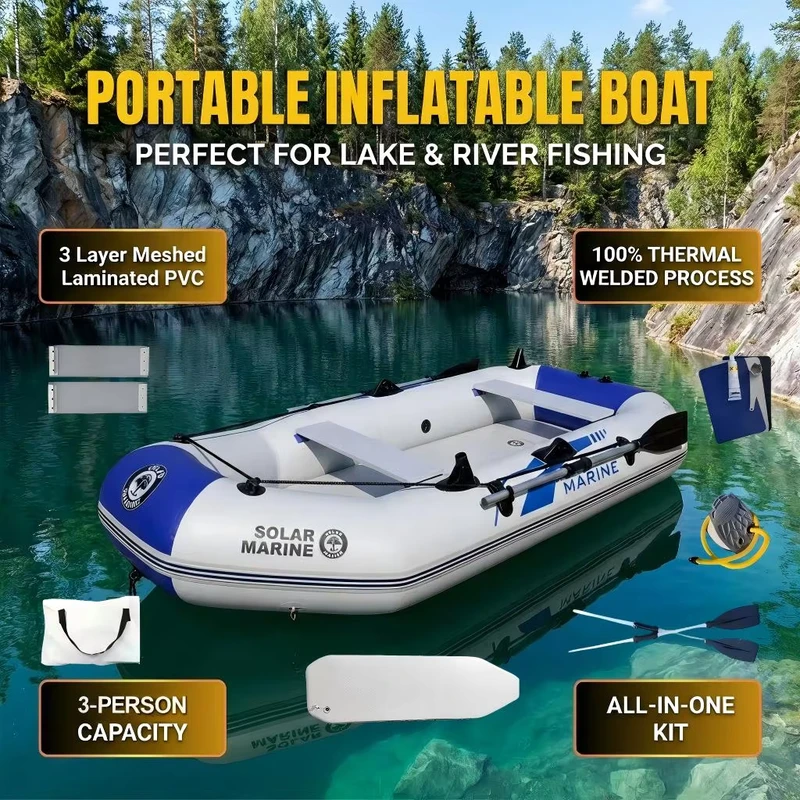 Kayak Gonflable Marin Solaire 260cm PVC Bateau de Pêche Charge Max 365kg 4 Personnes 3 Couches Résistant à l'Usure Avec Pompe Canoë Sport Nautique