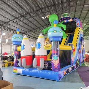 Castello gonfiabile a tema spazio e alieni, scivolo combinato per feste, scivolo gonfiabile per bambini