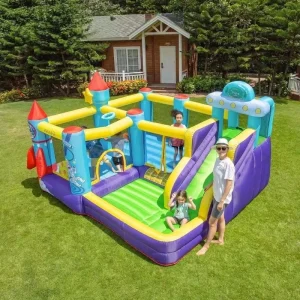 Castillo inflable multifuncional con temática de cohete espacial para niños, con trampolín y tobogán