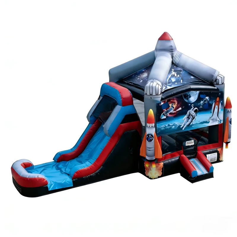 Space Rocket Themed Inflatable Bounce House Slide Combo Eco Friendly DST Brand Blue Red Silver Colors Commercial Use Castle