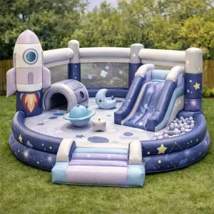 Spaceship Bounce House Combo Slide with NASA Rocket & Space Celestial Starry Night Castle Design PVC Material Customizable Size