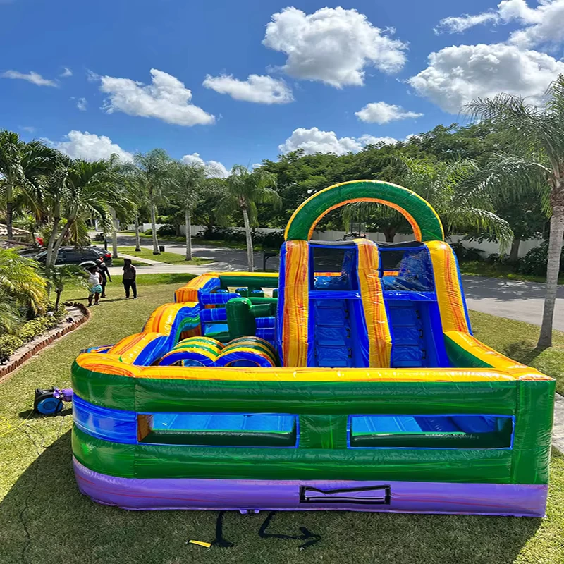 Curso de obstáculos Splash con tobogán de doble carril, uso en seco y mojado, piscina desmontable, alquiler comercial para fiestas