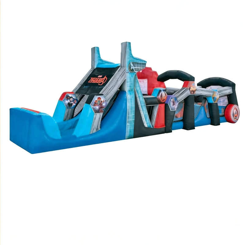 Curso de Obstáculos Inflável Temático de Desporto em PVC Ecológico com Duas Escorregas - Equipamento de Aventura para Crianças - Grau Comercial