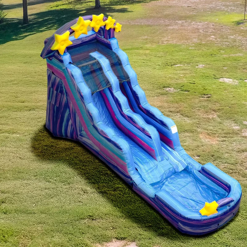 Desain Bintang Seluncur Air Inflatable dengan Kolam Percikan, Seluncuran Air PVC untuk Pesta Musim Panas Anak-anak