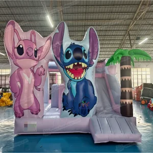 Mainan Kastil Lompat Stitch untuk Anak-anak, Kastil Bouncing Biru dengan Kombinasi Seluncur, PVC, CE Tersertifikasi, Tahan UV, Kapasitas 500-100kg