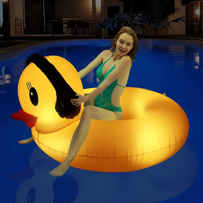 Tumbona Inflable de Playa Verano con Anillos de Natación Flotantes, Patito Solar Inflable para Piscina con Luces