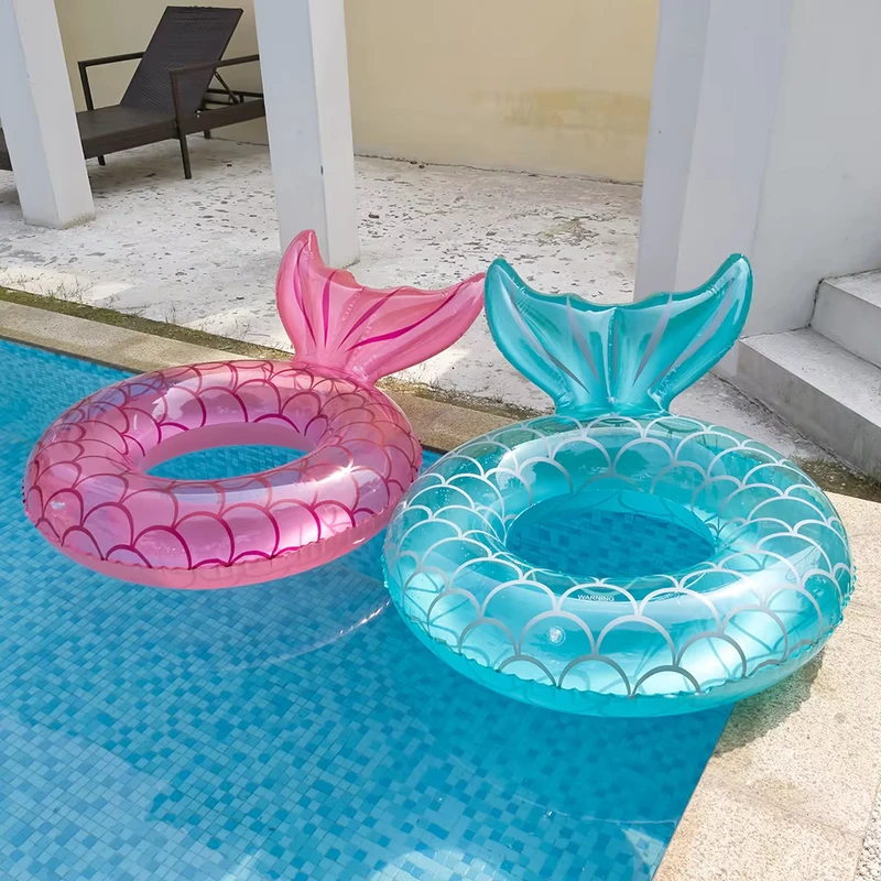Flutuador de Verão para Crianças - Anel de Natação Inflável Semi-Transparente com Purpurinas, Cauda de Sereia, Anel de Natação para Adultos