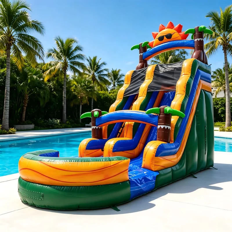 Scivolo Gonfiabile con Motivo Sole e Piscina Splash con Doppie Corsie per Divertimento all'Aperto per Adulti e Bambini