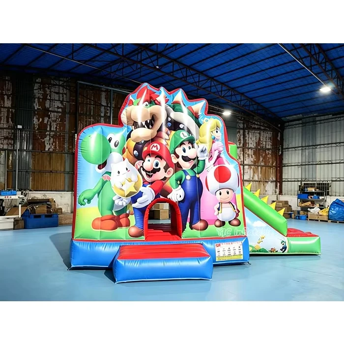 Kastil Lompat Super Mario Bros Kombinasi Bouncer Komersial dengan Seluncur untuk Sewa Acara Tahan Lama