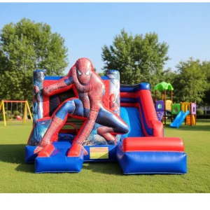 Superhero Inflatable Combo With Dual Tower Slide And Dynamic Graphics PVC Material For Indoor Outdoor Kids Party Centers