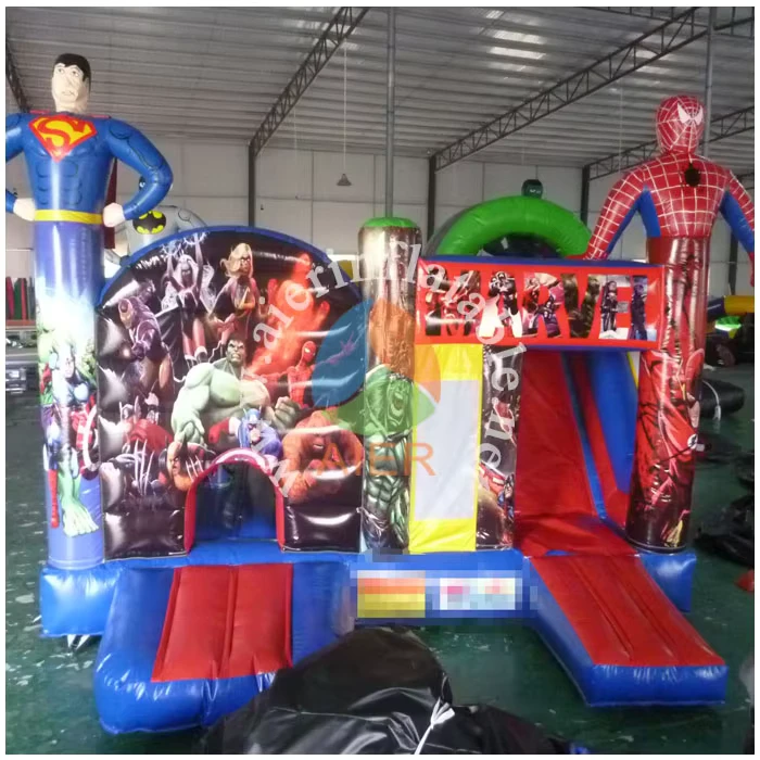 Château gonflable à thème super-héros avec figurines et impression pour événements de fête d'enfants, location commerciale d'équipement de jeu