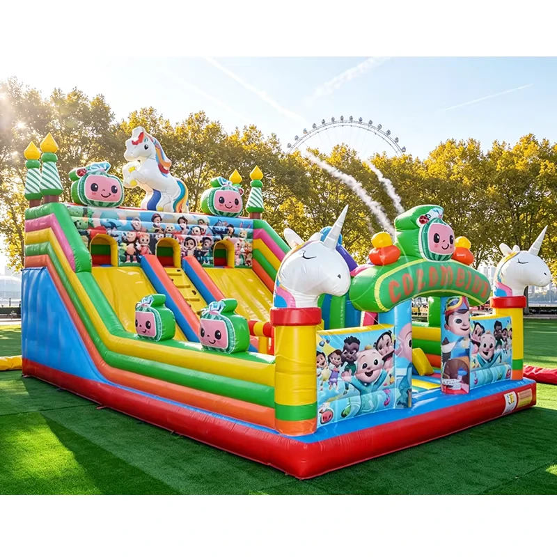 Leverancier Direct Reusachtig Cocomelon Themed Opblaasbaar Speelplaats Bouncer met Dubbele Glijbaan en Obstakelbaan PVC Bouncy Kasteel
