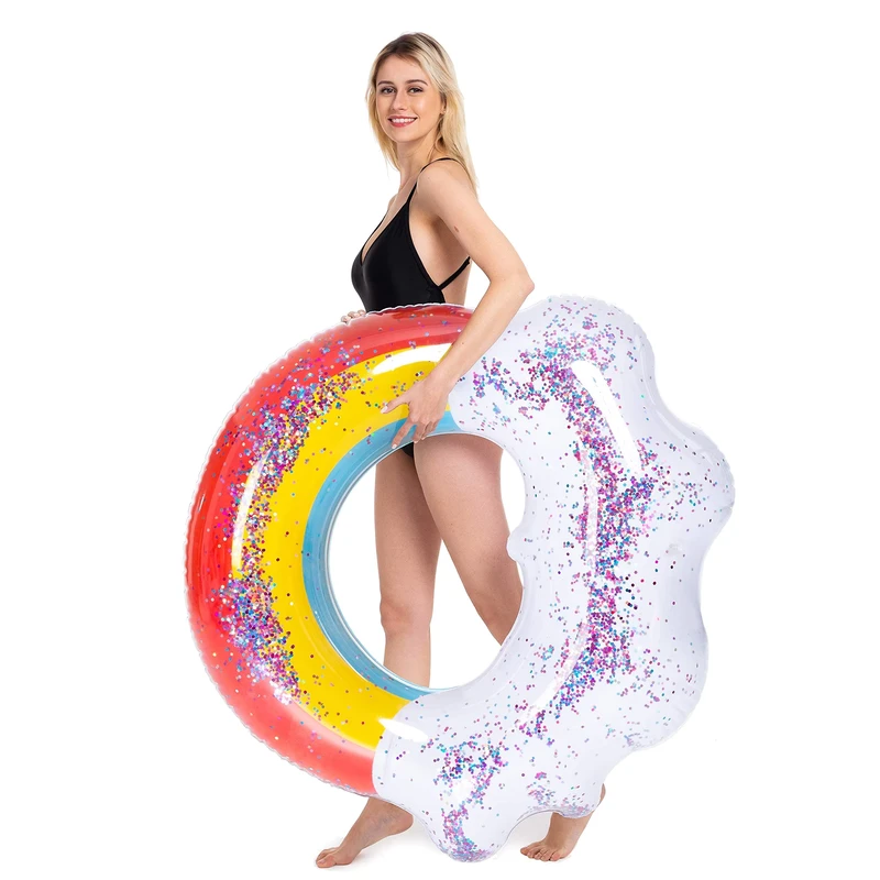 スイミングフロート インフレータブルリング ラフトリング PVC 子供用ブイ レインボープリント スイミングプールパーティー 6歳から12歳向け 水上スポーツ
