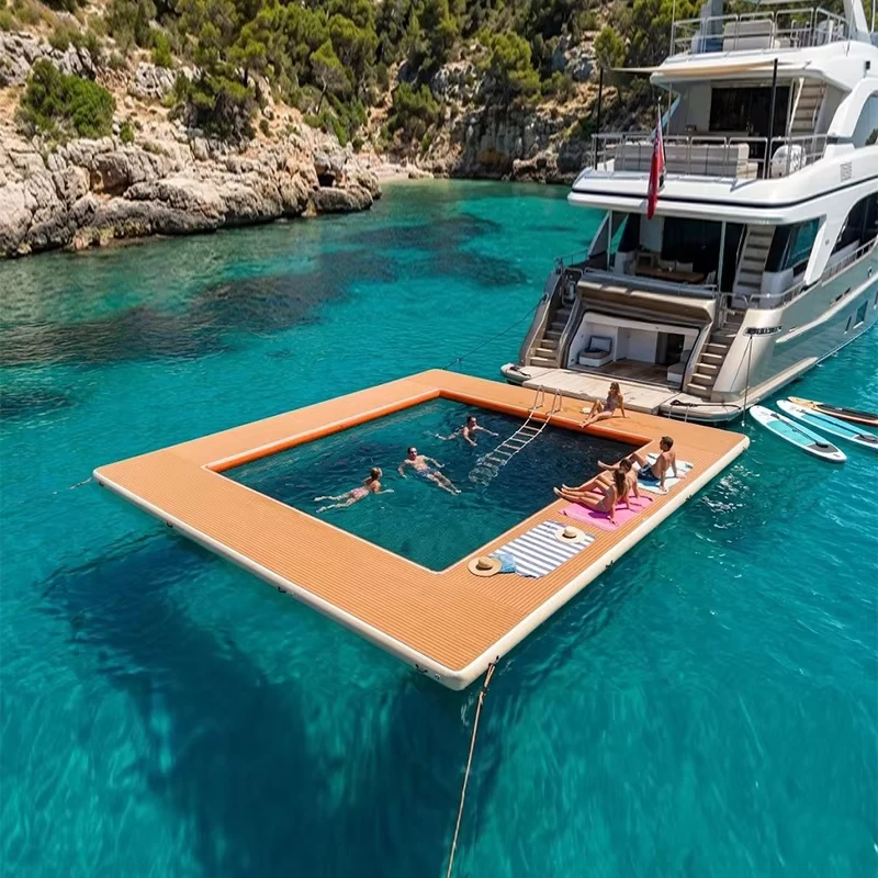 Plataforma Flutuante de Iate Inflável para Piscina Marinha com Madeira de Teak EVA