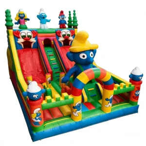 Kombinasi Seluncur Rintangan Inflatable Bertema untuk Anak-anak, Petualangan Desa Biru, Bouncer Multicolor untuk Pesta Komersial