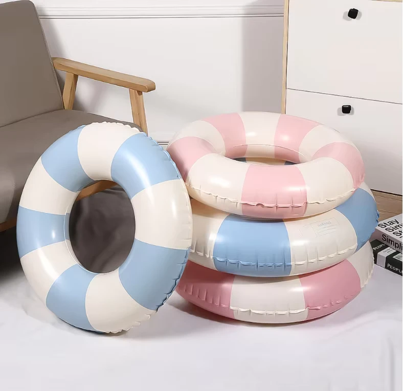 Anel de Natação Inflável Vintage Listrado Reforçado com Pegas, Duplo Compartimento de Ar, Tubo Flutuante para Braços