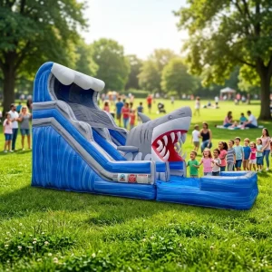 Tiburon shark inflatable megalodon shaped water slide with pool for commercial use