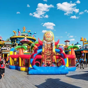 Corso di ostacoli gonfiabile Tiki Island, giochi, campo di salto, gioco di giostra gonfiabile per bambini