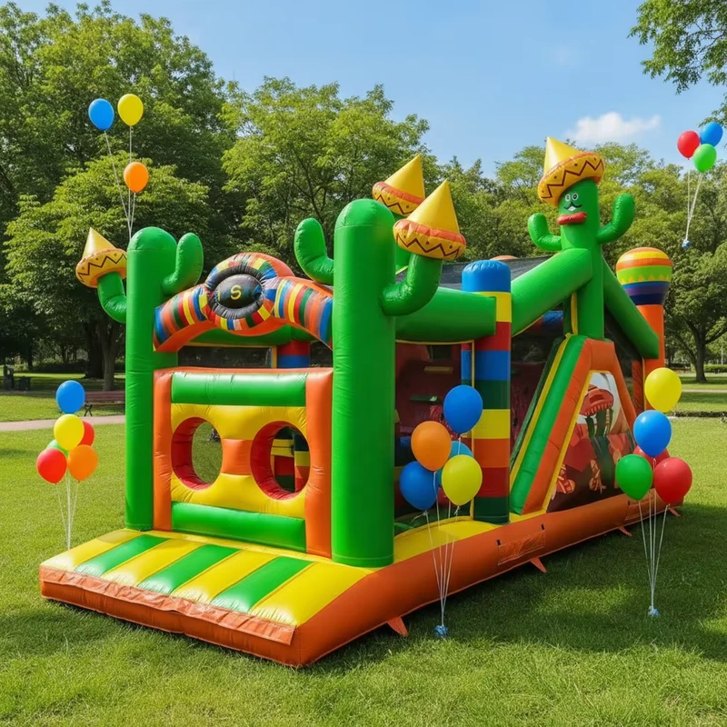 Rumah Lompat Inflatable Kaktus dengan Seluncuran Playground untuk Anak-anak PVC 9*3*4.5m