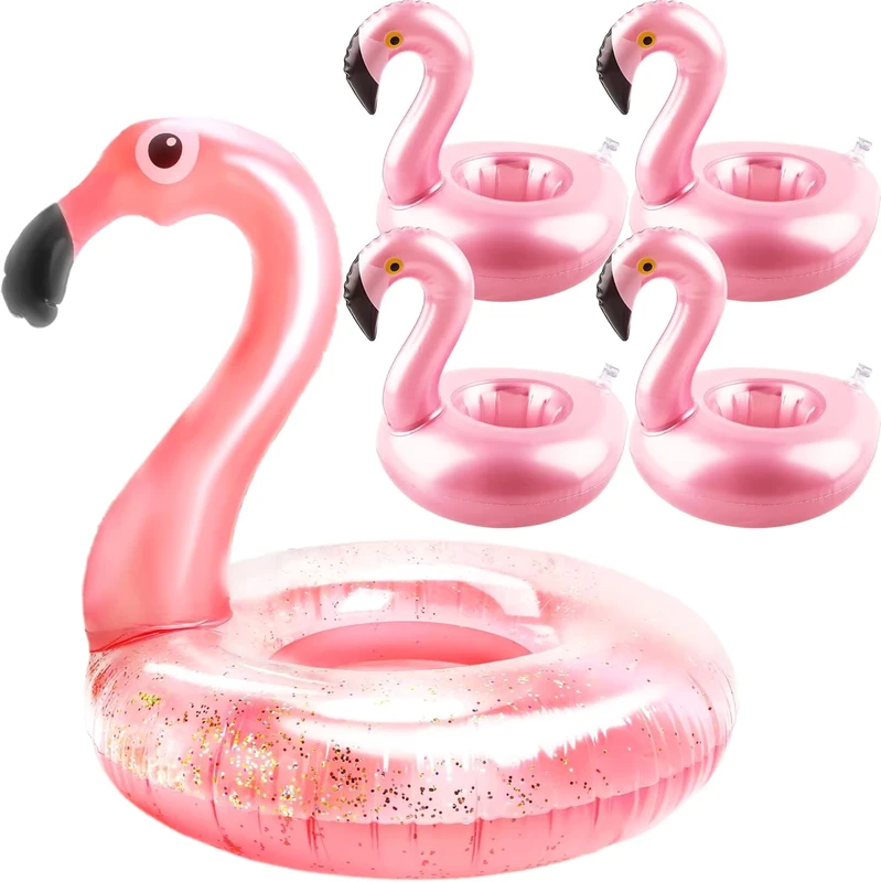 Flotteur de piscine flamant rose translucide avec 4 porte-gobelets