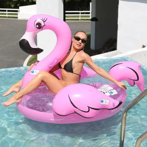 Flamingo Inflatable Mengapung dengan Pegangan, Glitter Penuh Sequin Transparan