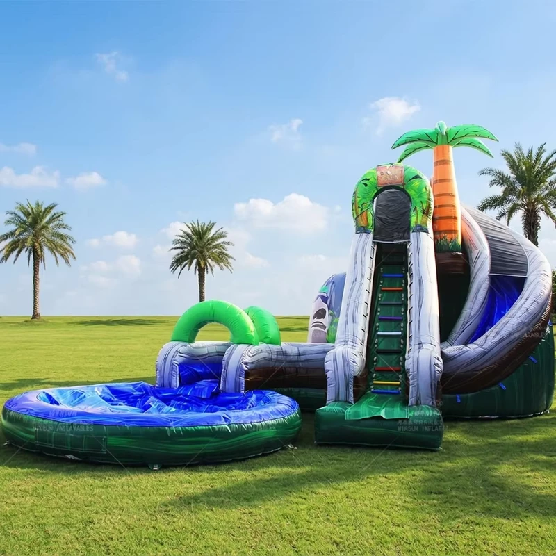 Tropisches kommerzielles Hüpfhaus Wasser-Rutsche Palme Inflatable Wasser-Rutsche mit Pool für Erwachsene und Kinder