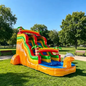 Tropical Dolphin Inflatable Castle Triple Lane Kids Backyard Water Park Splash Pool for Summer Party PVC Material Easy Setup