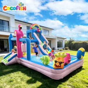 Tropical Fruit & Flamingo Oxford Cloth Inflatable Water Bounce House Backyard Water Park for Kids 3 12
