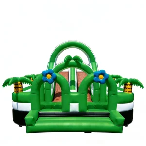 Tropical Jungle Inflatable Obstacle Course Kids Bounce Run Challenge Palm Tree Flower Themed Playground Commercial Grade PVC