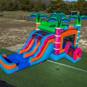 Tropical Palm Trees Inflatable Jumping Castle Pink Bounce House Water Slide Commercial Bouncy Castle Jumping House for Kids