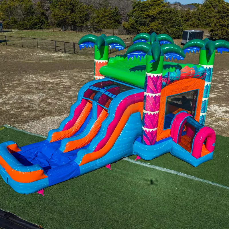 Castello Gonfiabile a Forma di Palma Tropicale Rosa con Scivolo Acquatico per Bambini
