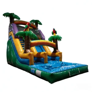 Tropical Parrot Themed Triple Lane Inflatable PVC Eco Friendly Water Slide Splash Pool Kids Summer Commercial Grade Outdoor