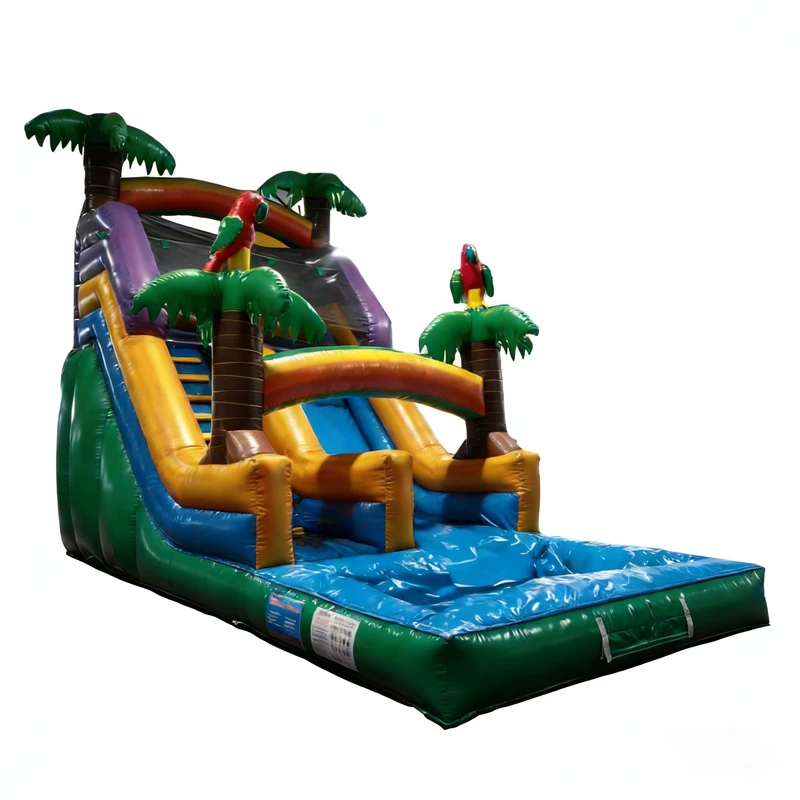 Toboggan aquatique gonflable à thème perroquet tropical à trois voies, PVC écologique, piscine éclaboussante, enfants, grade commercial, extérieur