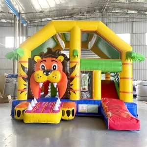 Castello Gonfiabile Combinato a Tema Safari Tropicale per Bambini, Casa Gonfiabile con Scivolo di Animali della Giungla, Leone Gonfiabile
