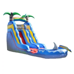 Tropical Shark Themed Inflatable Dual Water Slide with Splash Pool Commercial Grade Beach Style
