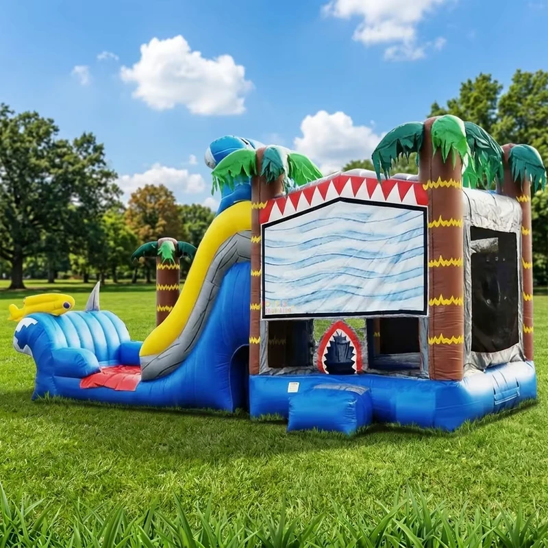 Tropische Golf Opblaasbaar Springkasteel Waterglijbaan Palmboom Ontwerp Springkasteel Combo voor Kinderfeest PVC