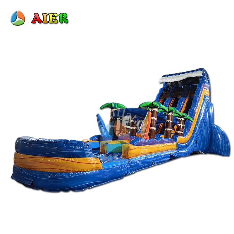Tropical Wave Inflatable Water Slide With Surfing Pool Palm Tree Decor Outdoor Event Party Use For Kids And Adults Blue Orange