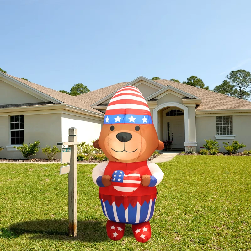 USA 250th Anniversary 4th July Inflatable Bear With American Flag Heart Garden Yard LED Patriotic Decoration