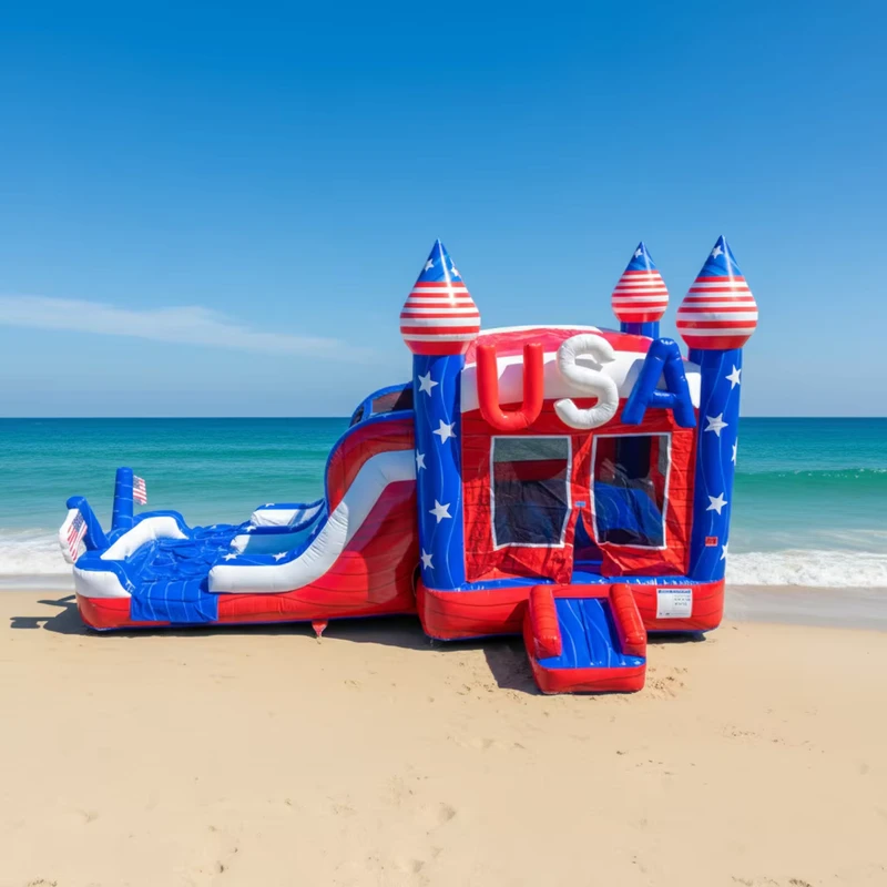 Castelo Inflável Grande com Tema da Bandeira dos EUA, Casa de Saltos, Combo de Escorrega com Piscina