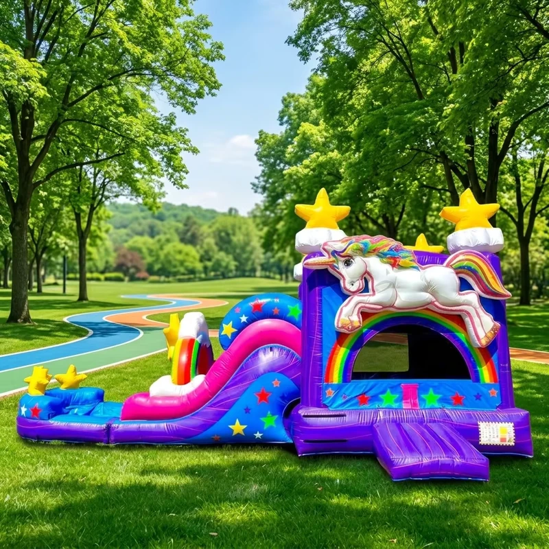 Kombinasi Rumah Loncat Unicorn Inflatable dengan Seluncuran untuk Anak-anak dan Dewasa, Sewa untuk Pesta