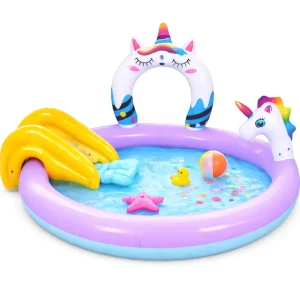 Einhorn Aufblasbares Schwimmbecken mit Rutsche und Wassersprinkler für Kinder, Outdoor Sommer Wasser Spielzentrum, Kinderbecken