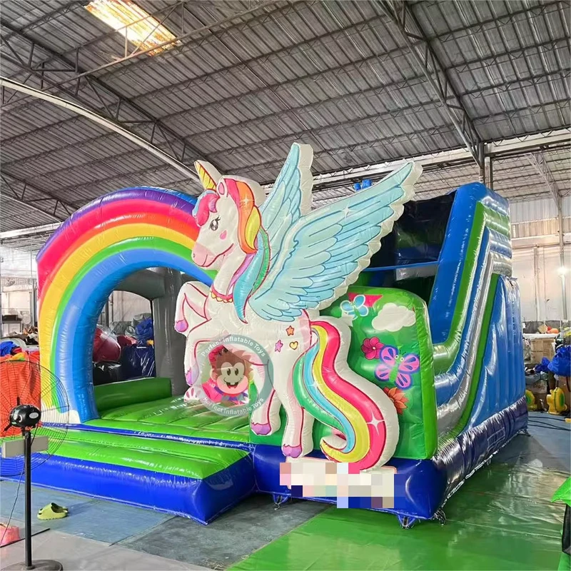 Lâu đài nhảy kỳ lân, nhà bouncy hình hoạt hình dễ thương với cầu trượt cho bé gái