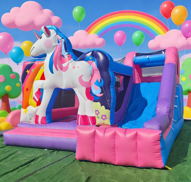 Unicorn Themed Inflatable Water Slide Pool Kids Outdoor Fantasy Inspired Water Play Equipment Multi Lane Design PVC Material